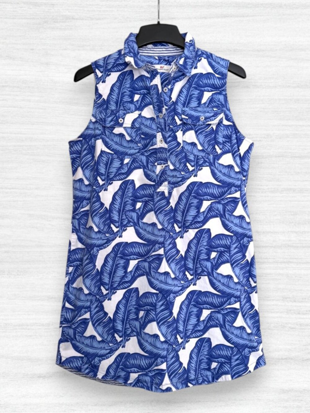 Vineyard Vines Margo Banana Leaf Sleeveless Shirt Dress Blue White Tropical 10